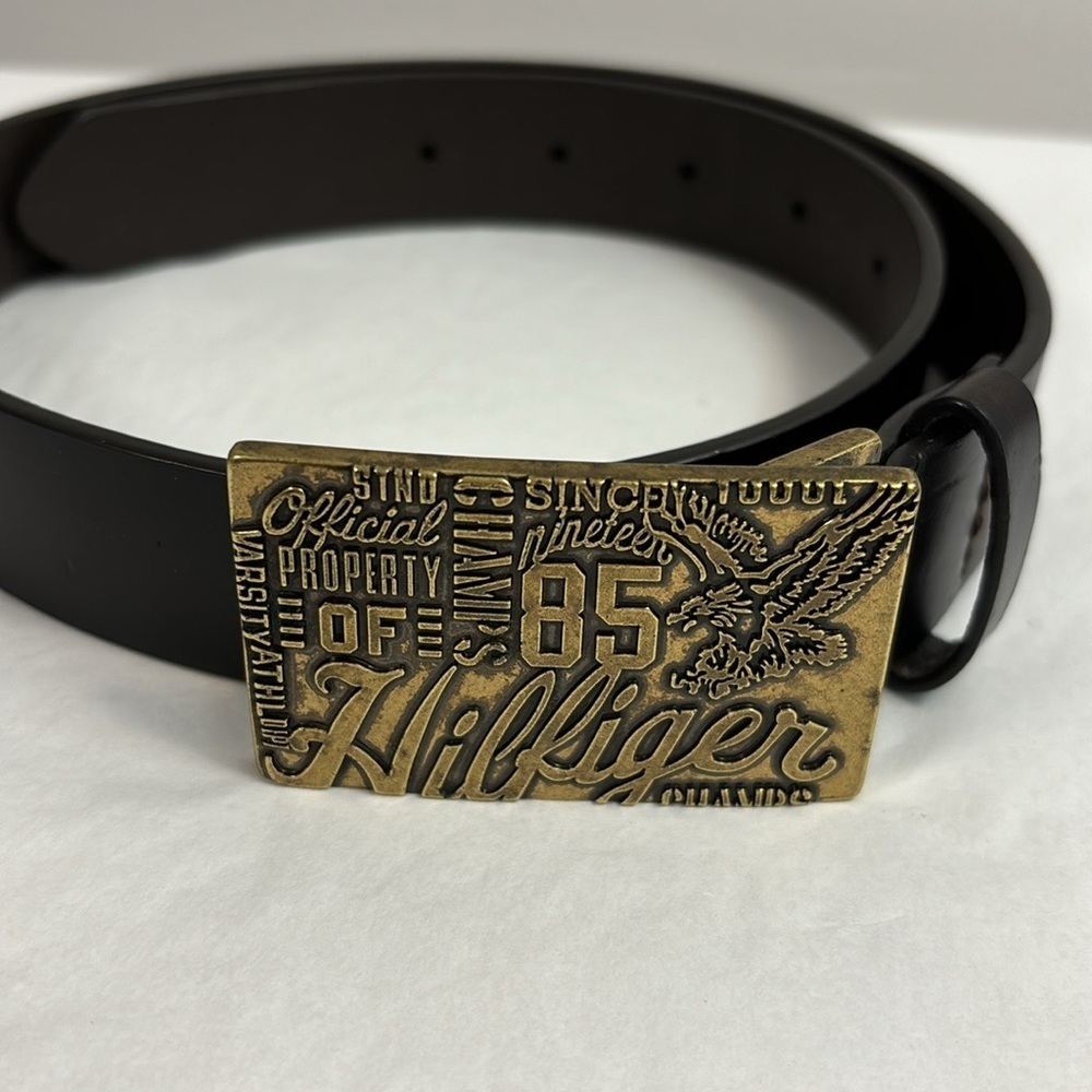 Vintage TOMMY HILFIGER belt brown brass tone buckle Property of HILFIGER Champs